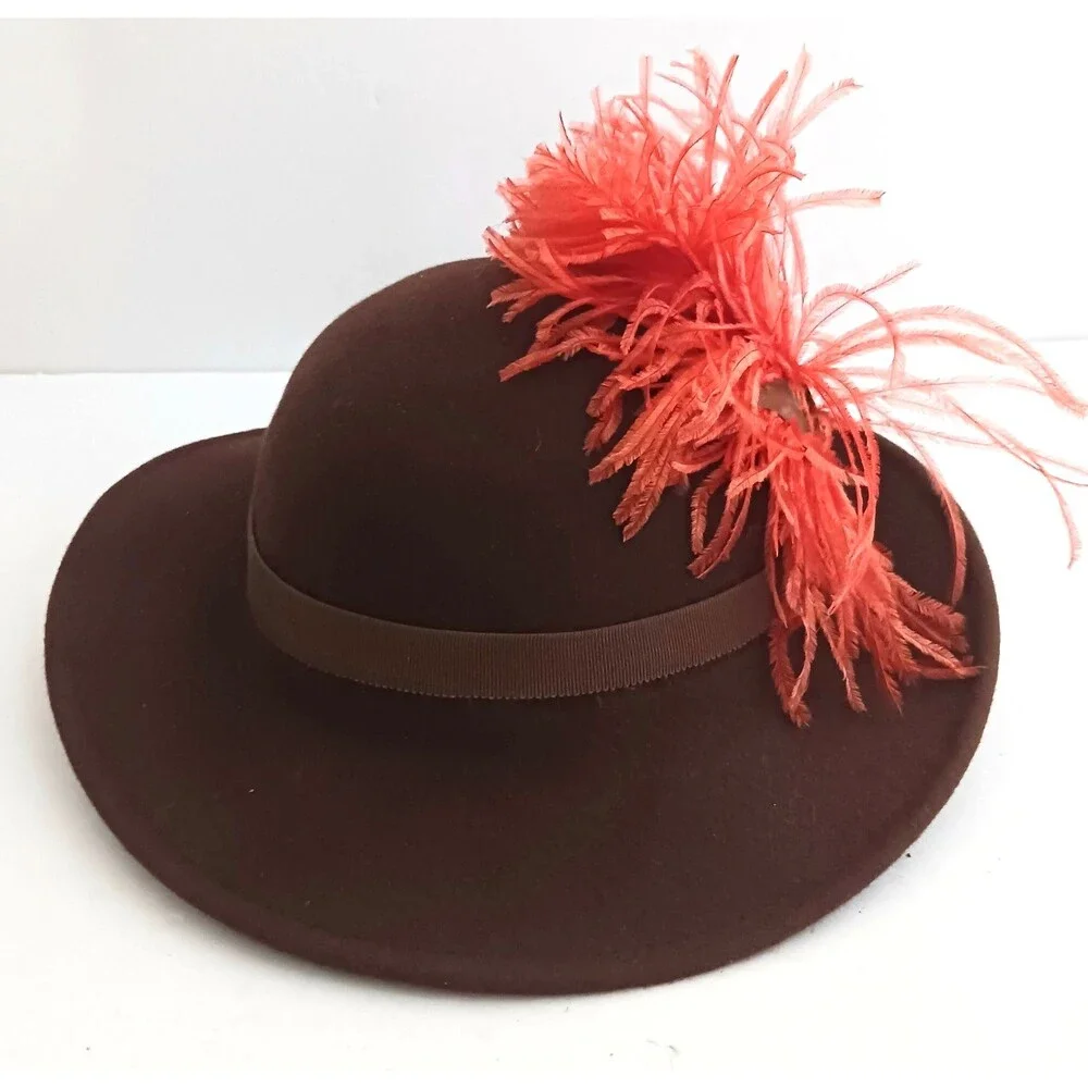 VTG Miss Rose Brown Felt Wool Hat Orange Feather Plume Trim O/S
